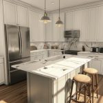 A sleek kitchen featuring white cabinets, marble countertops