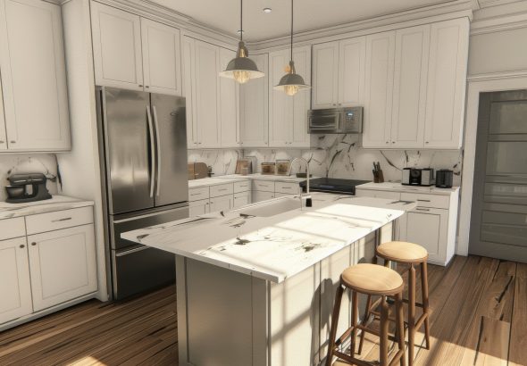 A sleek kitchen featuring white cabinets, marble countertops