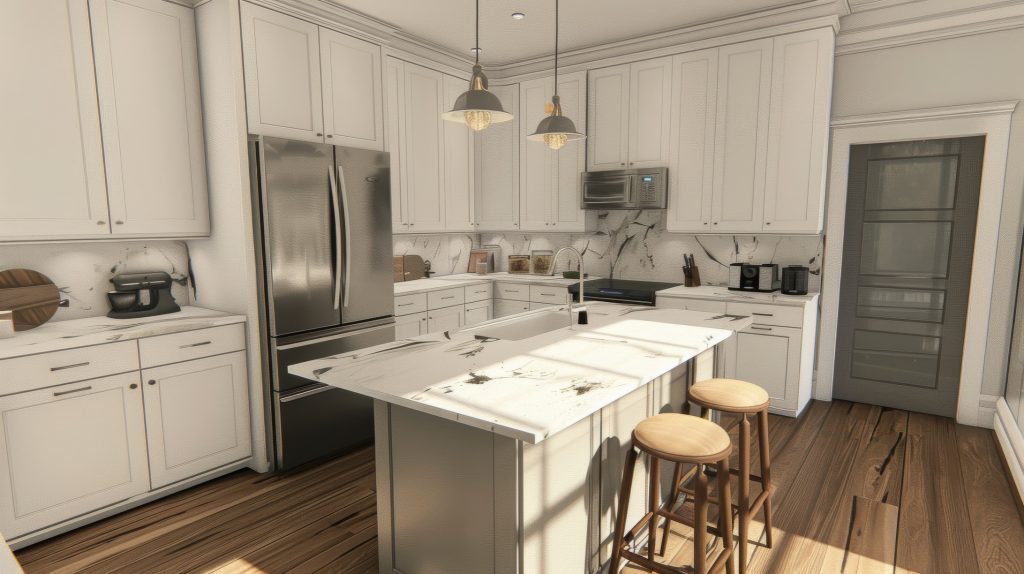 A sleek kitchen featuring white cabinets, marble countertops